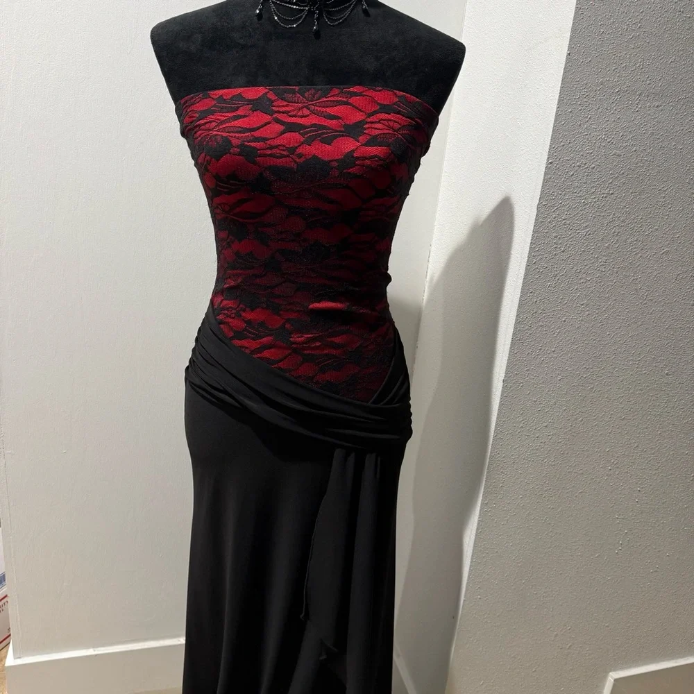 Strapless Red and Black Lace Evening Gown - Picture 2 of 5
